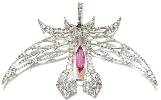 An Art Nouveau brooch by Vever, circa 1900. Designed as a stylized flower, set with with diamonds and one marquise-shaped tourmaline, which was added later.
