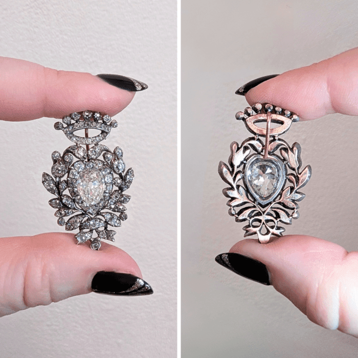 A beautiful antique crowned heart diamond pendant from The Vintage Jeweller, seen at NYCJAOS.