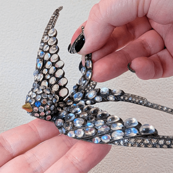A beautiful vintage swallow brooch with moonstones. From JMP Jewels Inc, during NYCJAOS Autumn 2025.