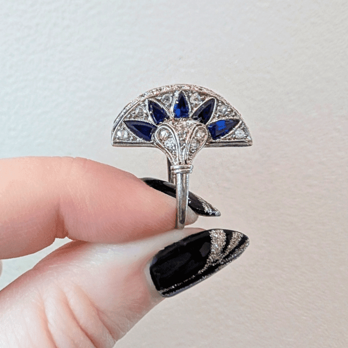 Antique Art Deco sapphire and diamond cocktail ring. From JMP Jewels Inc, during NYCJAOS Autumn 2025.