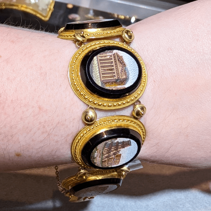 Antique Victorian era Grand Tour bracelet with micromosaic scenes. From Blue Ribbon Rarities.