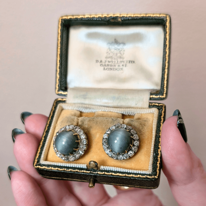 Antique cat's eye chrysoberyl and diamond earrings from The Vintage Jeweller, seen at NYCJAOS.