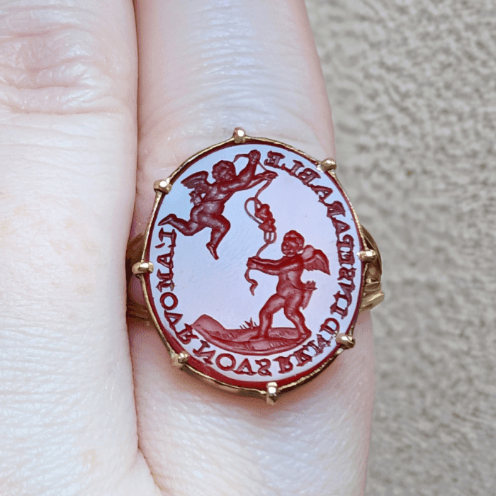 Antique signet ring with engraved gemstone, from Bejeweled by Beth Bernstein. Seen at NYCJAOS.