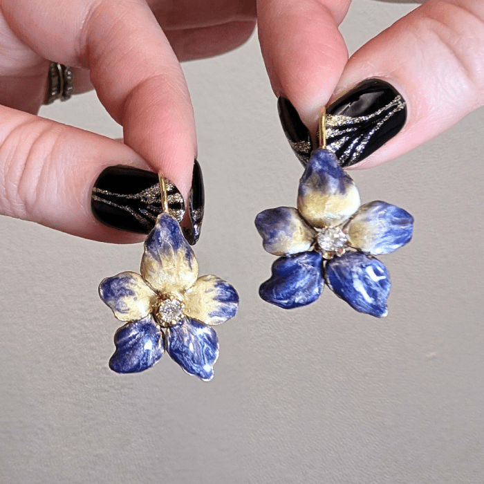 Beautiful antique enamel flower earrings from Susan Van Der Veer Antiques, seen at NYCJAOS.