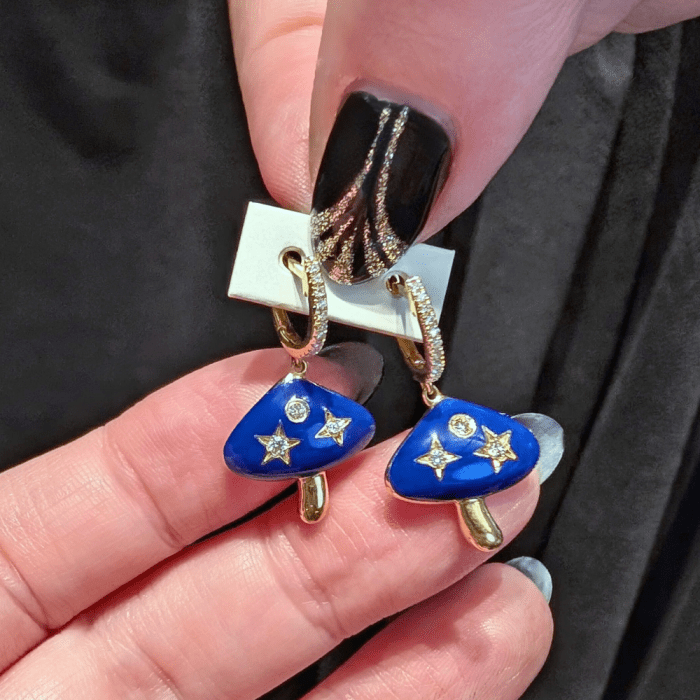 Cute enamel and diamonds mushroom earrings from Julzgold, seen at NYCJAOS.