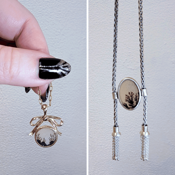 Dendritic agate necklaces by Taste of Honey, seen at NYCJAOS 2025.