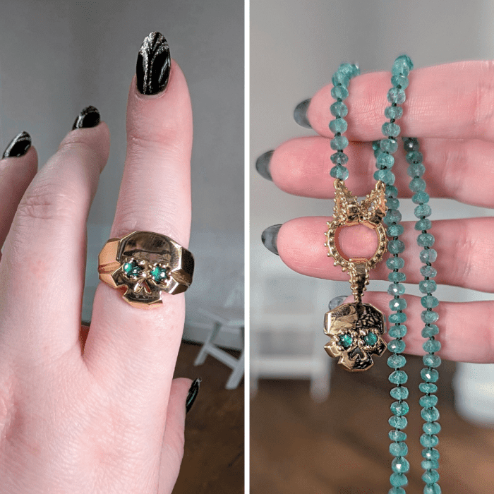 Emerald eye skull jewels by Delphine Leymarie Fine Jewelry. Seen during NYCJAOS