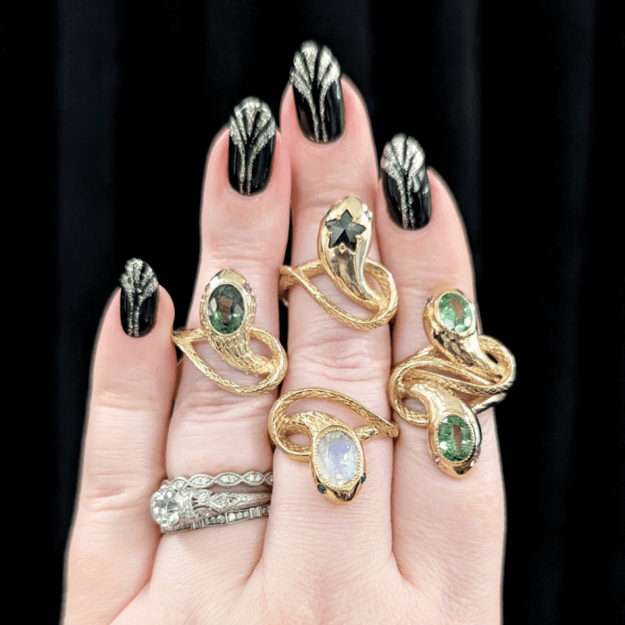 Gemstone snake rings by Ides Fine Jewels. Seen at NYCJAOS Autumn 2025.