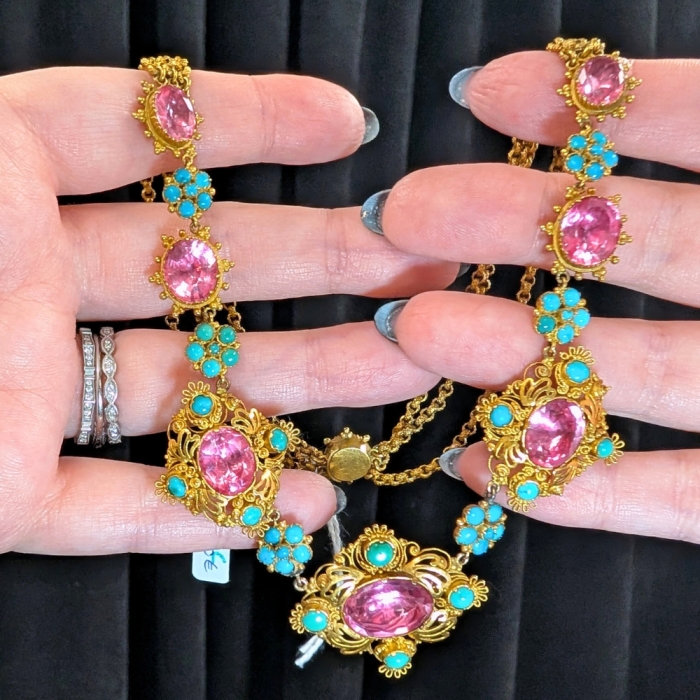 Georgian pink topaz and turquoise necklace in gold. From Pretty Different Shop, at NYCJAOS.