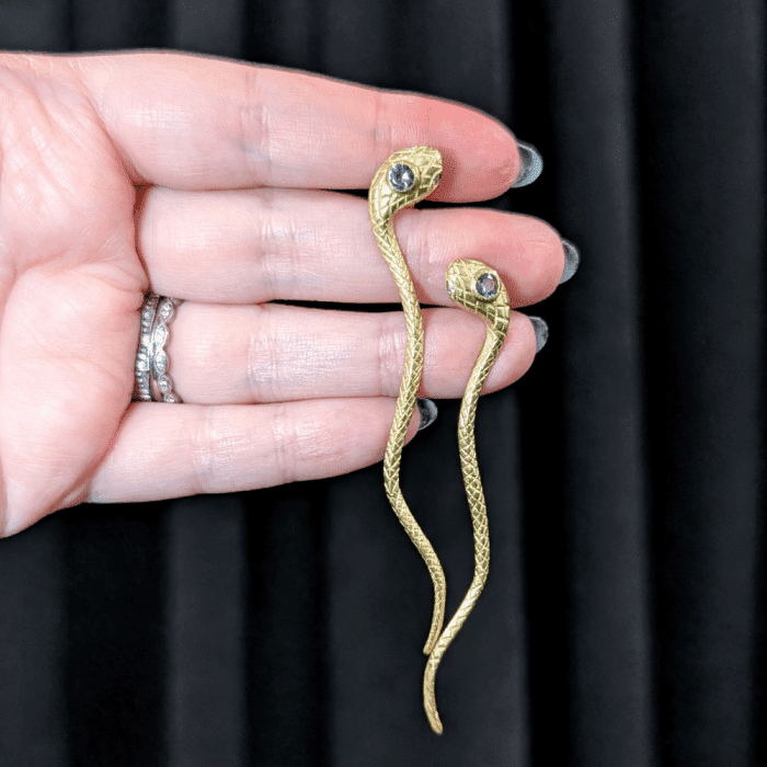 Green sapphire snake earrings by Ides Fine Jewels. Seen at NYCJAOS.