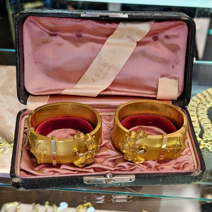 Matched set of Victorian wedding bracelets in their original box. From PRCNYC, seen at NYCJAOS.