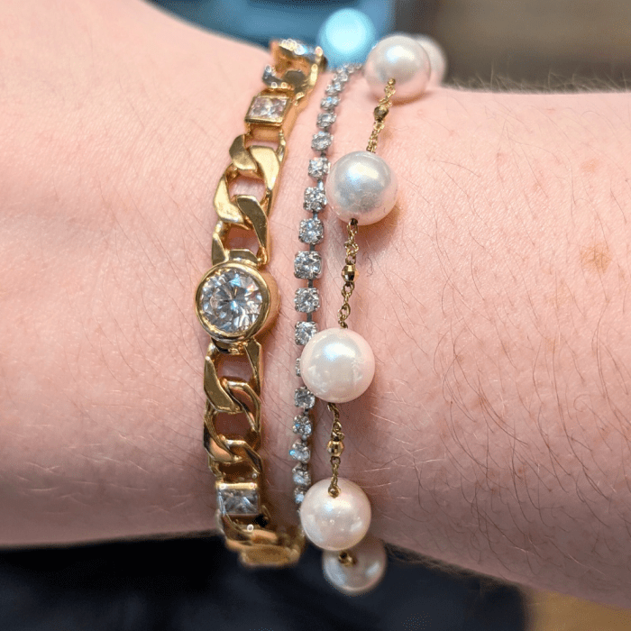Pearl and diamond bracelets by Ariis Jewels. Seen during NYCJAOS.