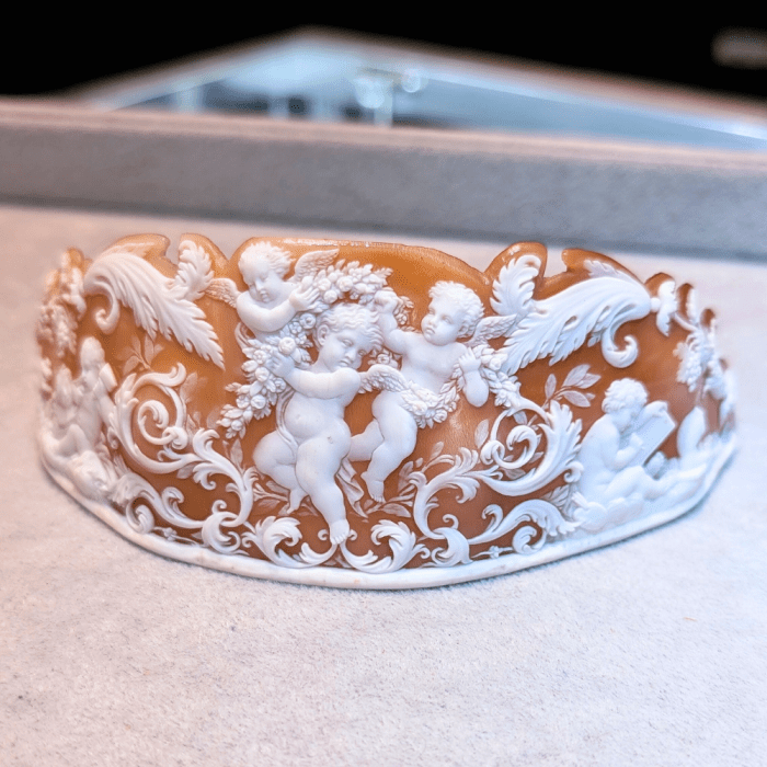 This cameo was likely created to be part of a tiara, but was never set. Seen at Blue Ribbon Rarities, during NYCJAOS.