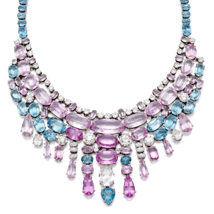 This pink and blue Belperron necklace features morganite, kunzite, aquamarine, and diamonds. Circa 1966, sold at Sotheby's.