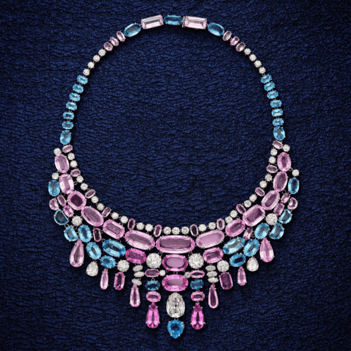 This pink and blue Belperron necklace has morganite, kunzite, and aquamarine gems with diamonds. Sold at Sotheby's.