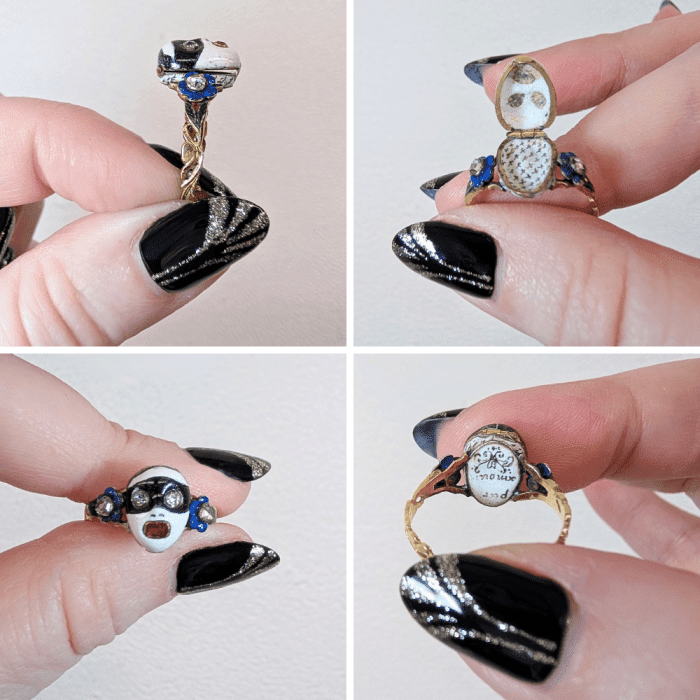 This rare Georgian era masquerade ring has a hidden compartment. Seen at Liberty London and TJTR London