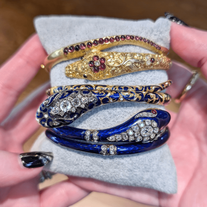 Three remarkable antique Victorian era snake bracelets from Olivia Boutique, at NYCJAOS Autumn 2025