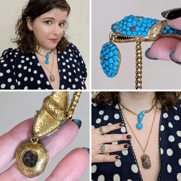 Trying on a Victorian era turquoise and diamond snake necklace from Kitty Verity! Spotted at NYCJAOS Autumn 2025.