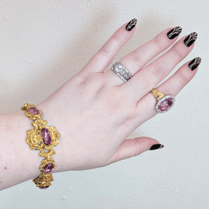 Two antique pink topaz jewels from Keyamour, seen at NYCJAOS.