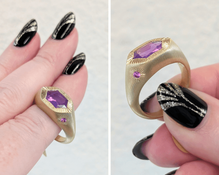 An engraved sapphire ring in gold by KENZ Studio, seen at NYCJAOS.