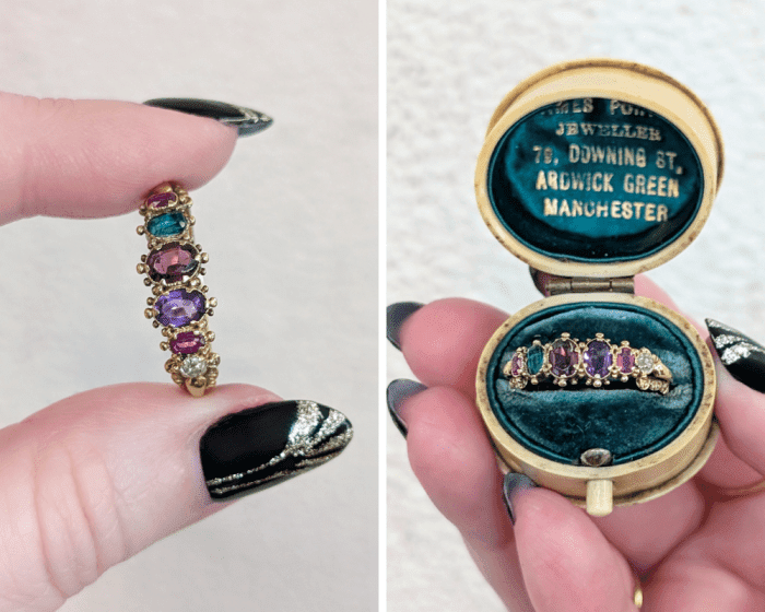 Antique Geogian era acrostic REGARD ring from Bejeweled by Beth Bernstein. Seen at NYCJAOS Autumn 2025