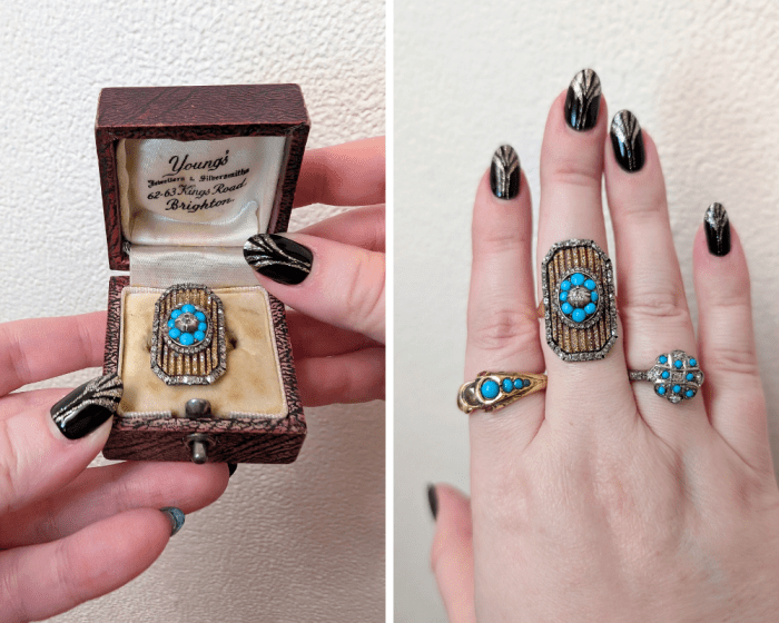 Antique turquoise and diamond ring from Estate Jewelry Mama, seen at NYCJAOS.