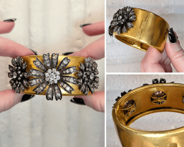 Extraordinary antique Victorian era cuff bracelet with three removable diamond flowers. Seen at PRCNYC during NYCJAOS