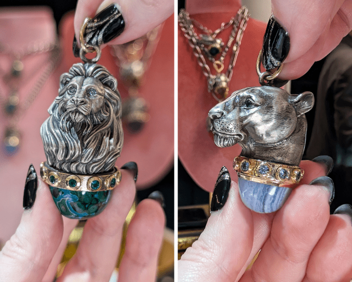 Majestic lion and lioness pendant fobs by Aesop Gems. Seen at NYCJAOS Autumn 2025