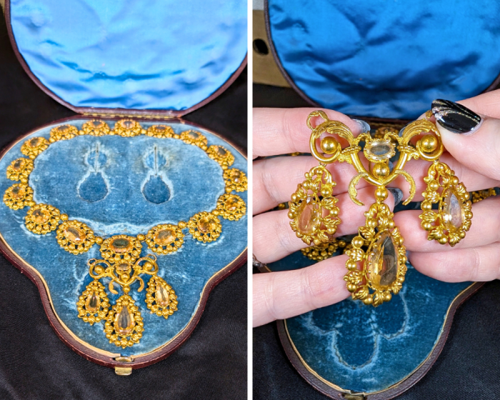 This Georgian era citrine necklace has a removable pendant. At Sandy Jacobs Antiques during NYCJAOS Autumn 2025.