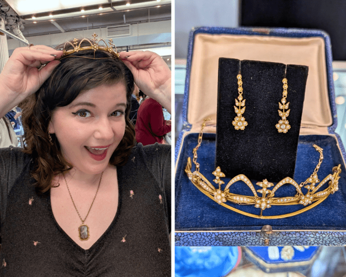 This antique pearl tiara comes with matching earrings and converts to a necklace. From E. Foxe Harrell, at NYCJAOS.