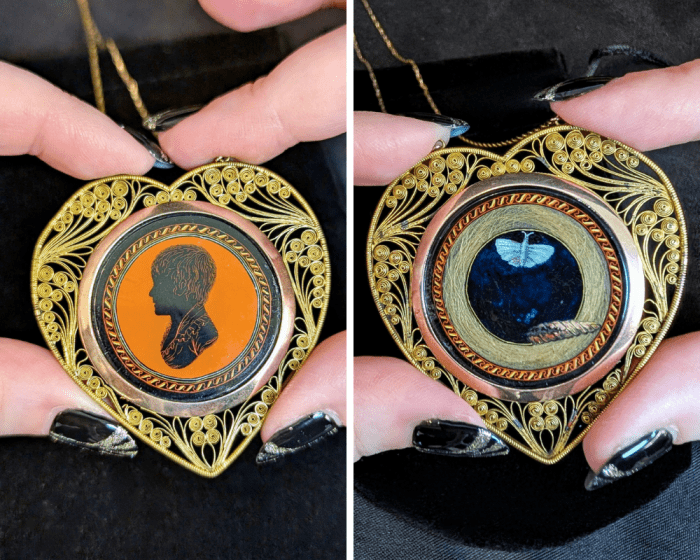 This gold pendant has hair, a seashell, and a moth preserved on the back and a portrait on the front! From Sandy Jacobs Antiques, at NYCJAOS.