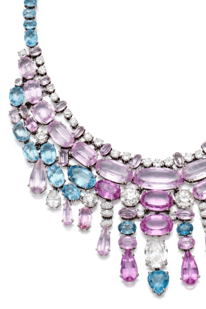 This pink and blue Belperron necklace features morganite, kunzite, aquamarine, and diamonds, detail view. Circa 1966. Sold at Sotheby's.