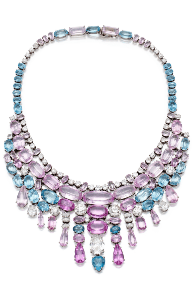 This pink and blue Belperron necklace features morganite, kunzite, aquamarine, and diamonds, detail view. Circa 1966. Sold at Sotheby's.