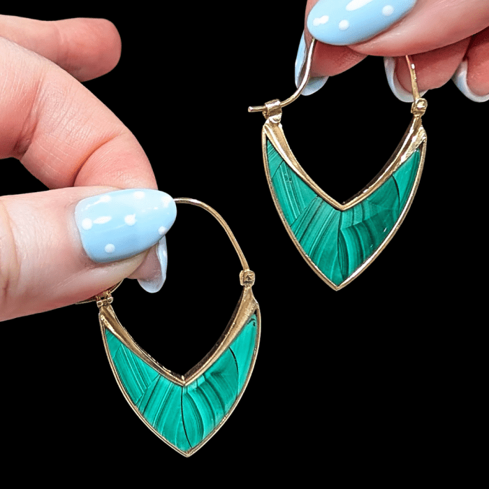 Intarsia malachite hoops by Mercurius Jewelry.