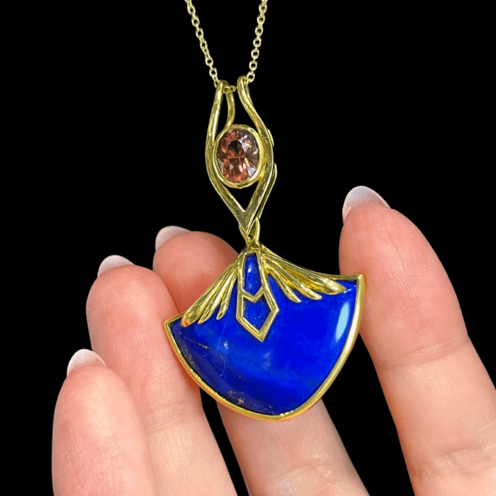 Mercurius Jewelry reversible necklace with peachy Zircon and Lapis in Fairmined gold