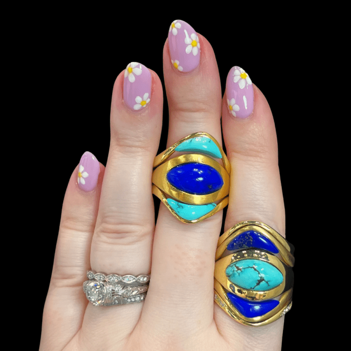 Mercurius Jewelry's Shadow Stacker rings with lapis and turquoise in 18K Fairmined gold