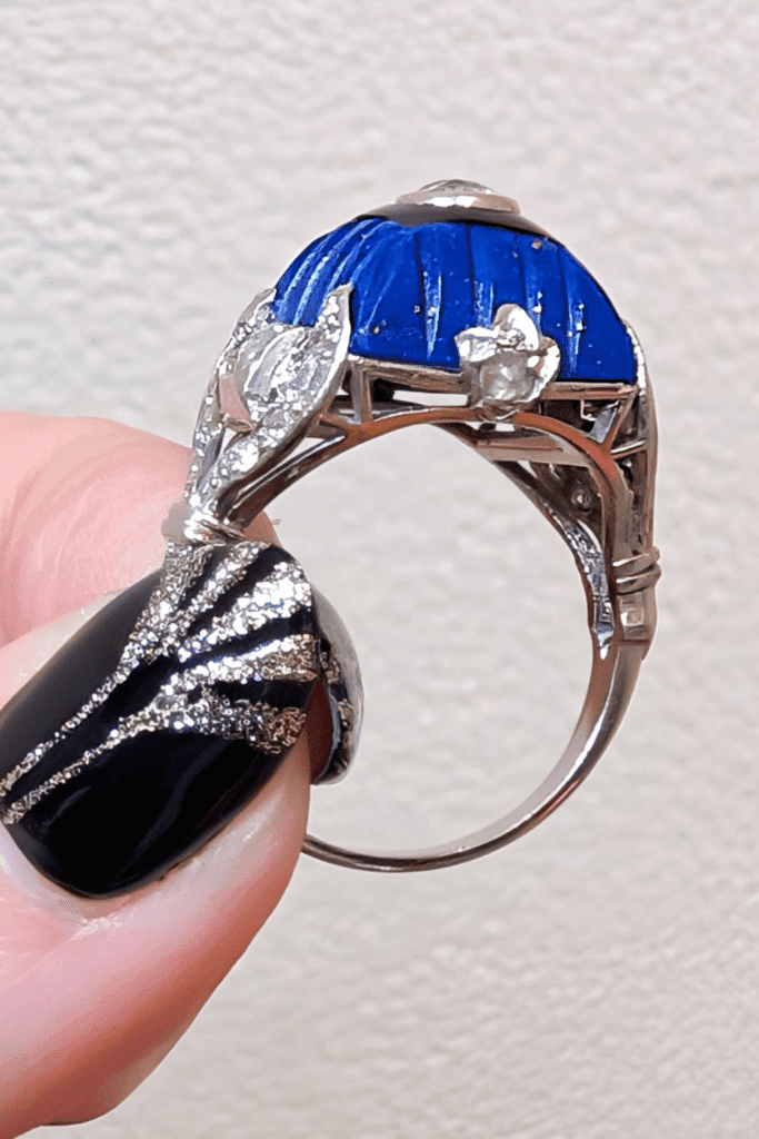 Art Deco diamond ring with carved lapis, onyx, and diamonds, gallery view. From The Vintage Jeweller.