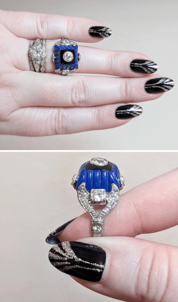Art Deco diamond ring with carved lapis, onyx, and diamonds, two different views. From The Vintage Jeweller.