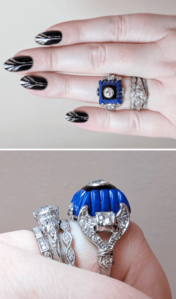 Art Deco diamond ring with carved lapis, onyx, and diamonds, two different views. From The Vintage Jeweller.