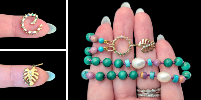 Delphine Leymarie Boheme Provence beads with rainbow charm holder connector and gold Monstera charm from Beaumont Jewelry Collective!