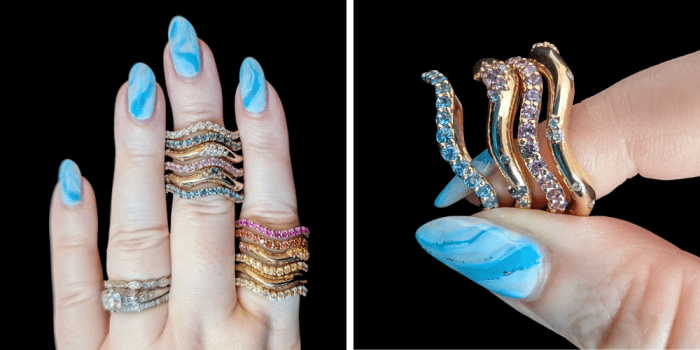 Dylann Wolfe Long Lull and Shimmering Tides colored gemstone rings in Fairmined yellow gold from Beaumont Jewelry Collective.