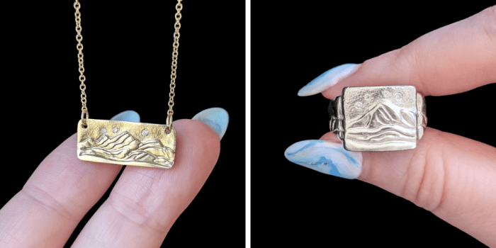 WEND Astral Peaks ring and necklace in Fairmined gold and silver with lab grown diamonds from Beaumont Jewelry Collective.