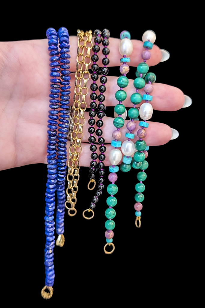 Delphine Leymarie beaded and gold open ended chains from Beaumont Jewelry Collective.