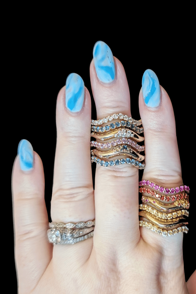 Dylann Wolfe Long Lull and Shimmering Tides Fairmined gold colored gemstone rings from Beaumont Jewelry Collective.