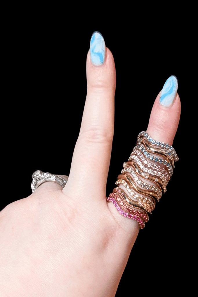 Dylann Wolfe Long Lull and Shimmering Tides colored gem stacking rings in Fairmined gold from Beaumont Jewelry Collective