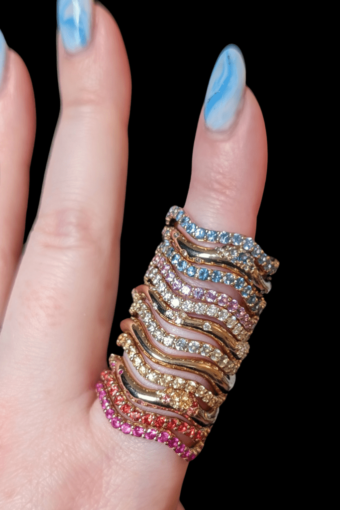 Dylann Wolfe Long Lull and Shimmering Tides stacking rings in Fairmined yellow gold from Beaumont Jewelry Collective!