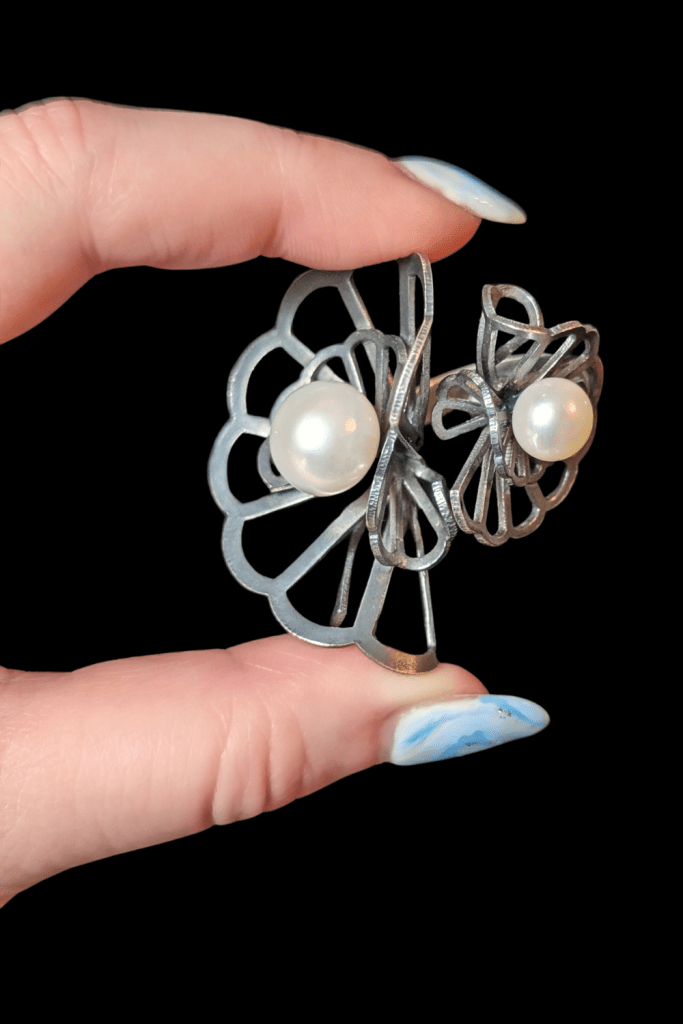Karin Jacobson Double Origami Sculptural Pearl Ring from Beaumont Jewelry Collective, above view.