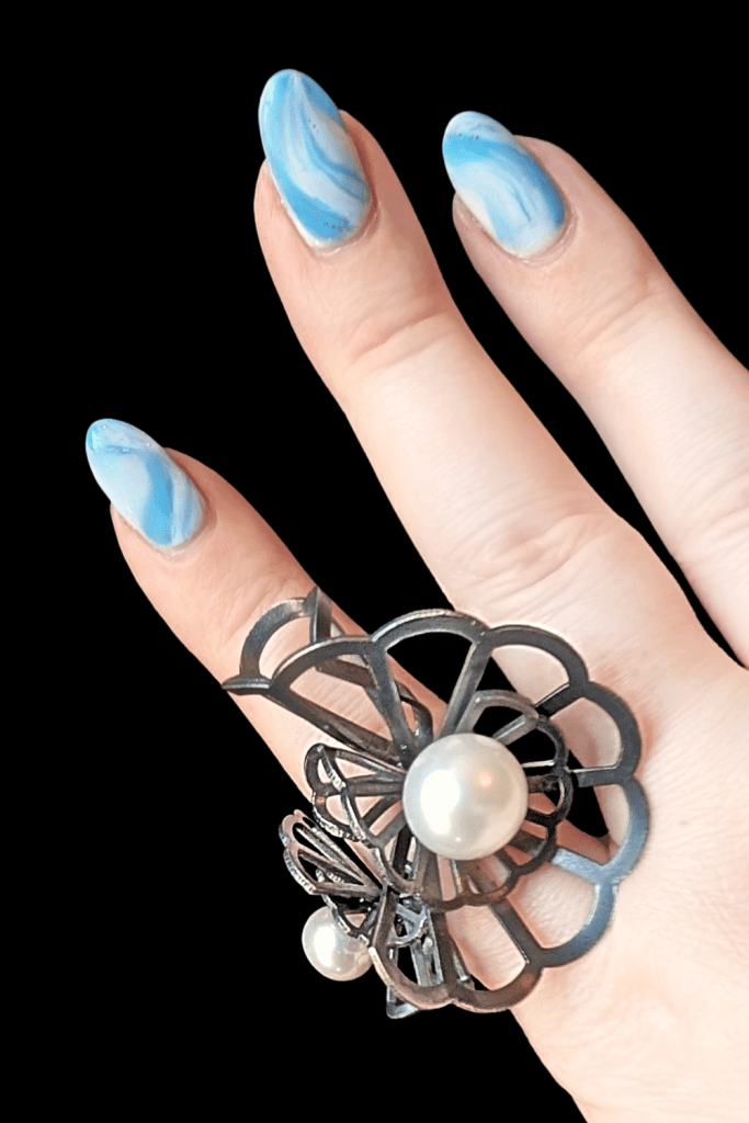Karin Jacobson Double Origami Sculptural Pearl Ring from Beaumont Jewelry Collective, closer hand close up.