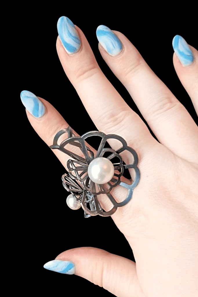 Karin Jacobson Double Origami Sculptural Pearl Ring from Beaumont Jewelry Collective, hand close up.