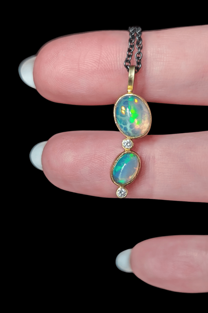 Karin Jacobson double opal necklace with recycled diamonds from Beaumont Jewelry Collective.